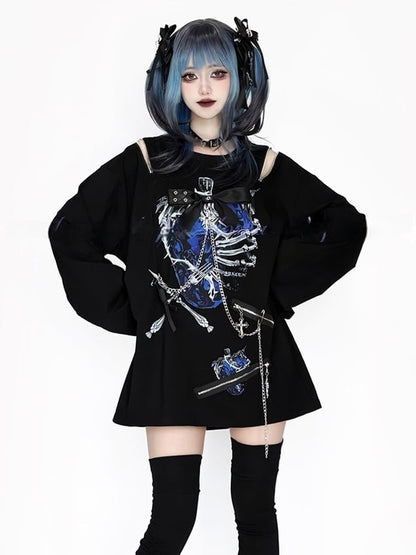 Zip-ShoulderHardware BlackWhite/BlackBlue Convertible Accentsin Print Topwith StrawberryRibcage