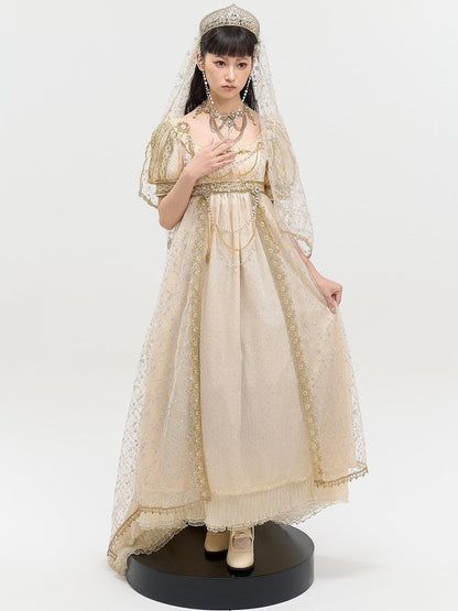 Waist Dress Details Elegant Maxi Champagne Empire Rhinestone with Shimmering Sequin and Lolita