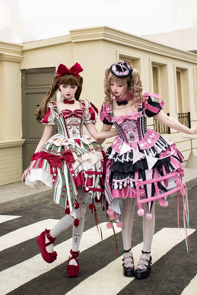 Lolita with Circus Puff Red Embroidery Bunny and Jumper Detachable Sleeves Skirt Dress Green Sweet