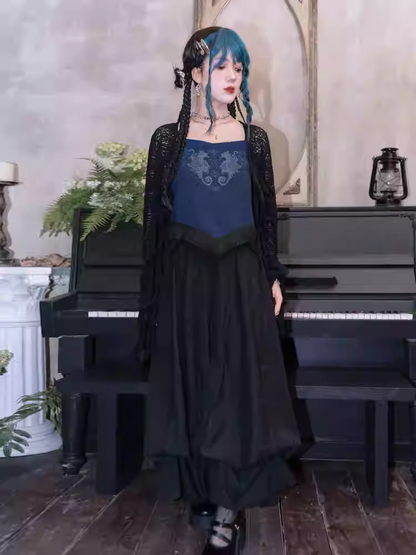 Seepferdchen-Cheongsam-Oberteil und Cami-Saum-Stil, Quaste, dunkle Stickerei, Korallenblau