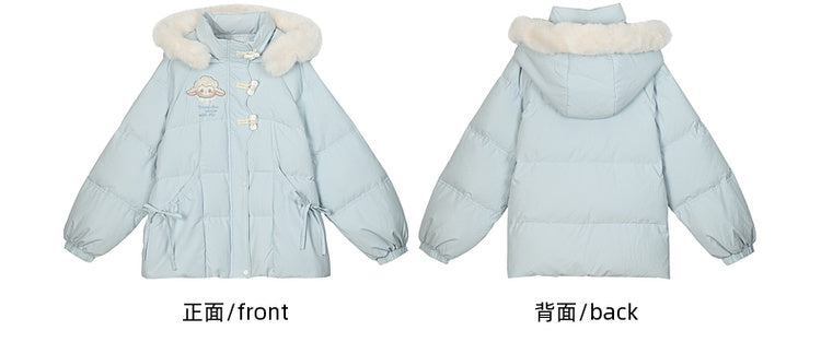 Blauer süßer Daunenmantel mit Lammapplikation und Schleife