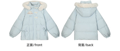 Blauer süßer Daunenmantel mit Lammapplikation und Schleife