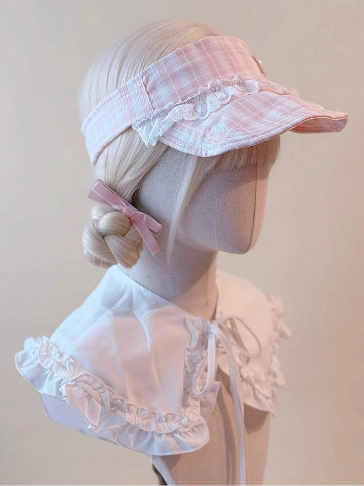 Lace Heart Cap Buttons Visor Pink and Plaid Adorned with