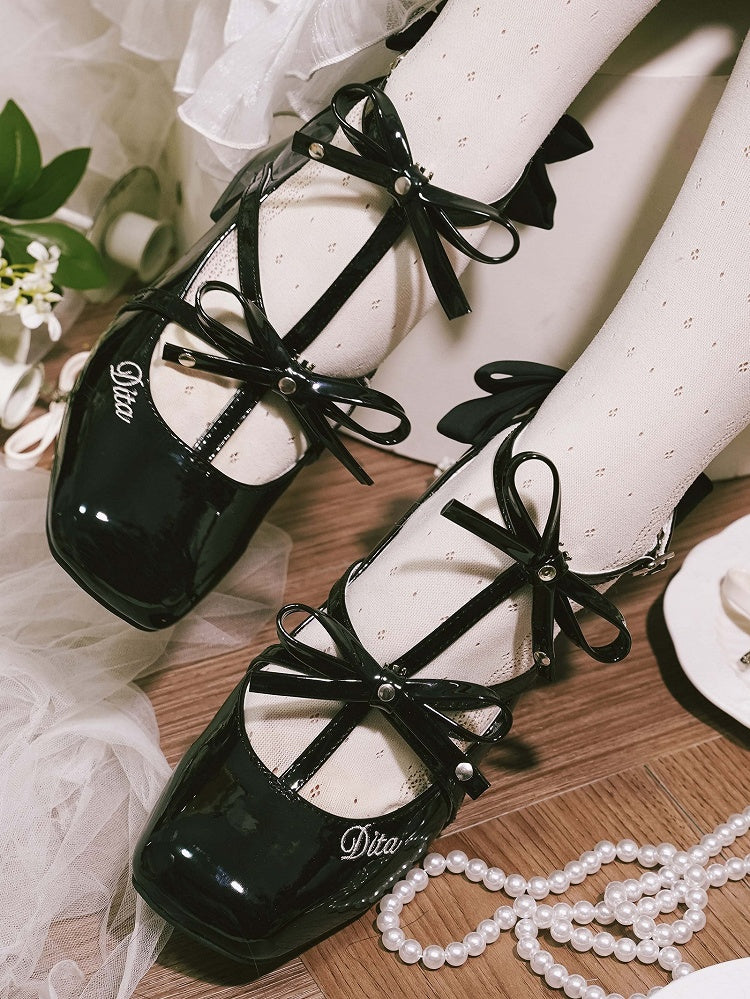 Polished T-strap Accents Shoes Design Bow Middle Heels Toe Square Elegant Black Lolita with