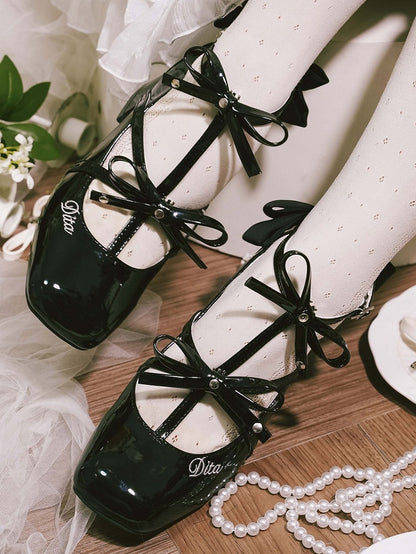 Polished T-strap Accents Shoes Design Bow Middle Heels Toe Square Elegant Black Lolita with