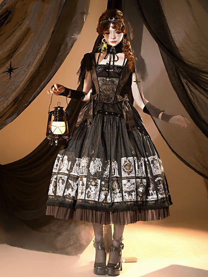 Gothic Lolita with Two-pieces Dress Detachable Tarot Hood Fake Card Print