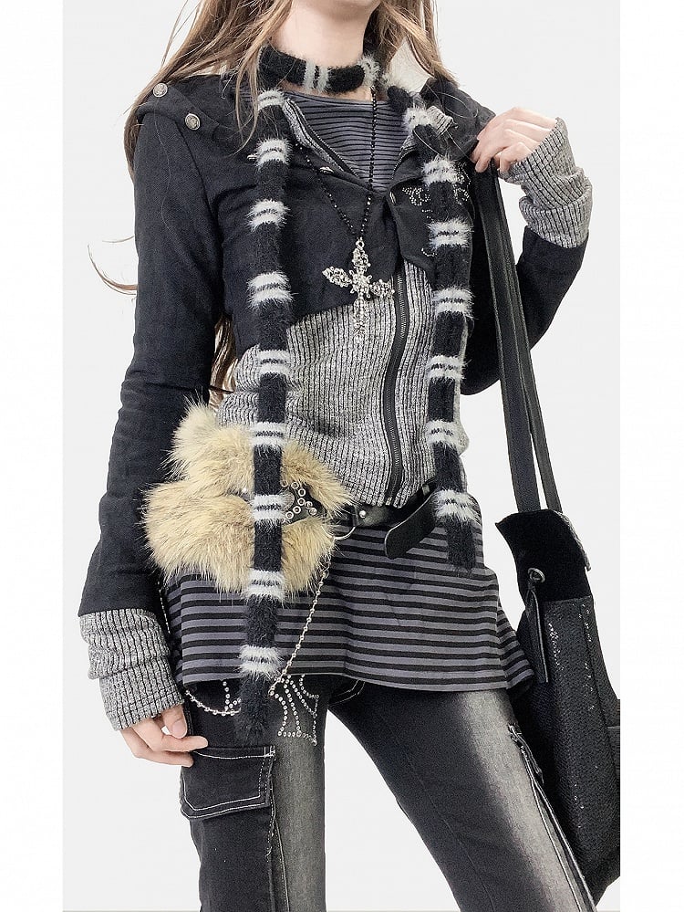 Striped Black Fake Two-Piece Pattern Hoodie Accents Jacket Rhinestone