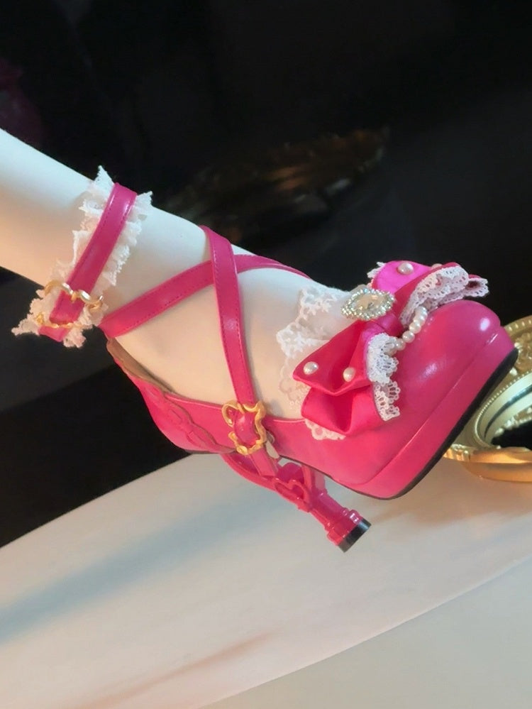 Rose High-heel Pink Crystal Janes Bow Sparkling Lolita Hime Mary with Beads - in