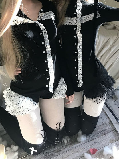 Black - Trim with Lace Shorts Pattern Polka-dot Gothic Layered