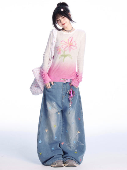 グラデーションピンクのラウンドネックフローラルプリントカバーアップ