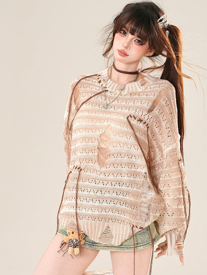 Protection Sun Gray/Beige Glamorous Long Hole Sleeves Distressed