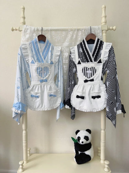 ブルーストライプのリトルゴーストプリントトップス + ティアードスカート + エプロン和ロリータセット