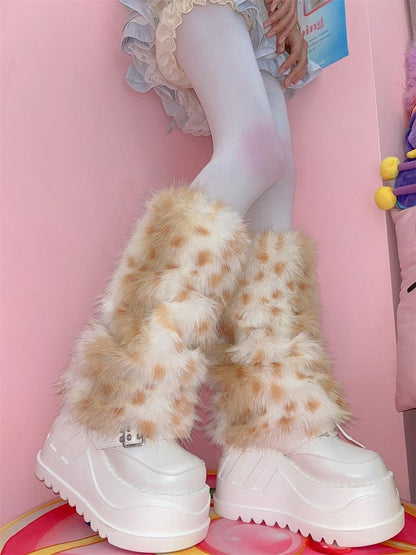 イエロー/ダスティブルー レオパード シャギー レッグウォーマー