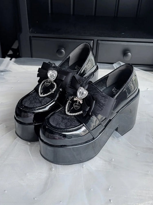 Platform Round Toe Heel with Jirai 9.5cm Block Black Shoes: Kei Slip-On