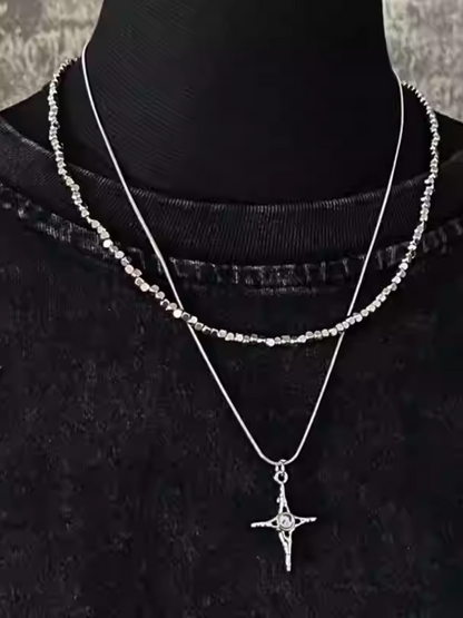 Silver Cross Pendant Double Layered Necklace