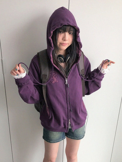 Retro Fall Dark Purple Hooded Zip Jacket with Gecko Motif and Striped Accents - innomoood