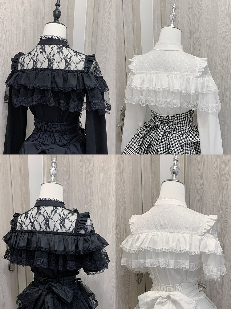 Blouse with Clearance-Size Ruffles 90CM for Heart Buttons Short Big Jirai Kei M White Illusion Neckline Tiered Bow Bust Sleeves
