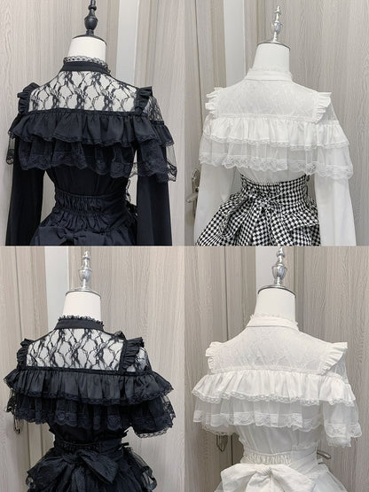 Blouse with Clearance-Size Ruffles 90CM for Heart Buttons Short Big Jirai Kei M White Illusion Neckline Tiered Bow Bust Sleeves