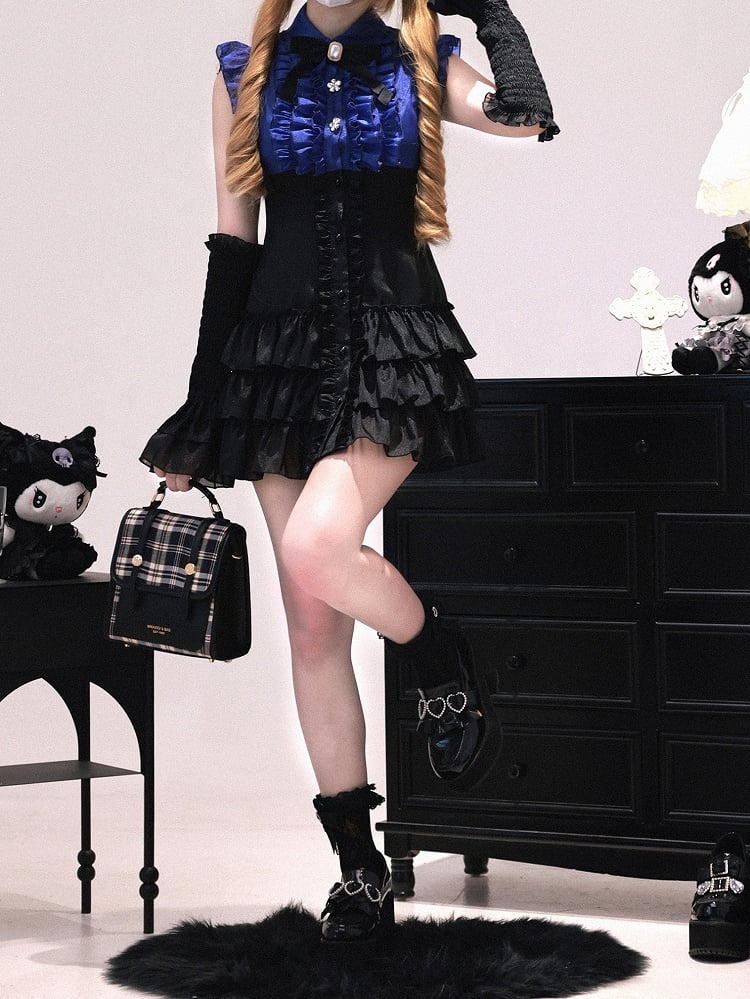 Faux Tiered Placket with Two-Piece Sleeves Ruffle Kei Arm Black and : Jirai Flutter Blue Dress