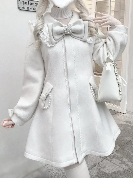 Lace-Detailed Sailor Collar Coat - Jirai Kei Beige Wool Blend with Bow Pockets & Beaded Chain