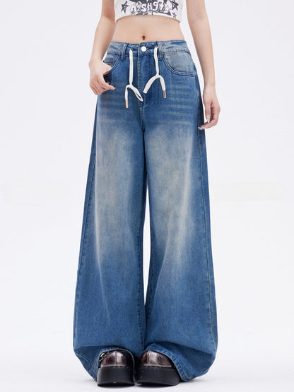 Niedrige Vintage Wide-Leg Jeans Länge Kordelzug Boden Blau Taille