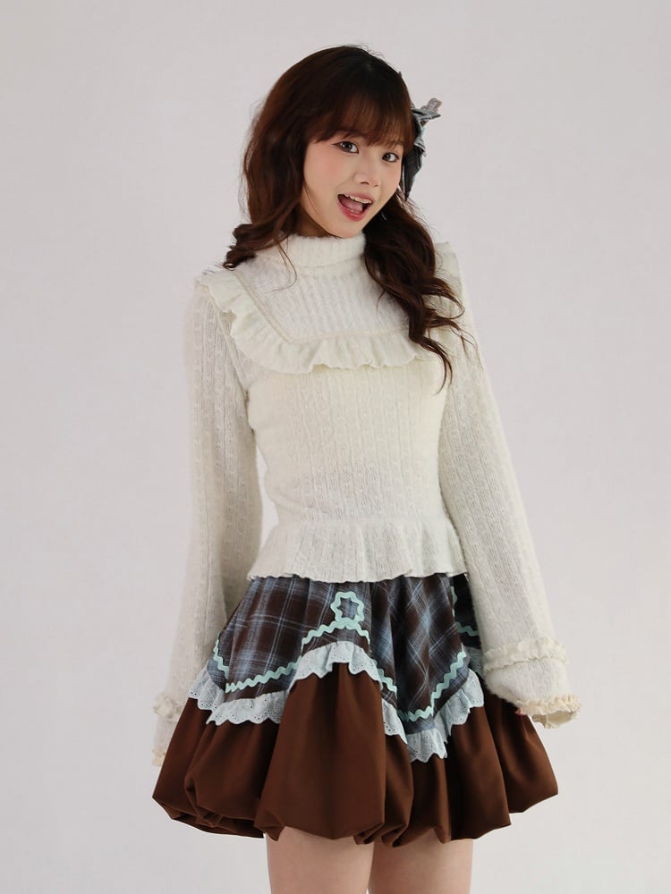 Brown + Bubble Set Knit Lolita Top Blue Plaid Skirt Waistcoat Sweet