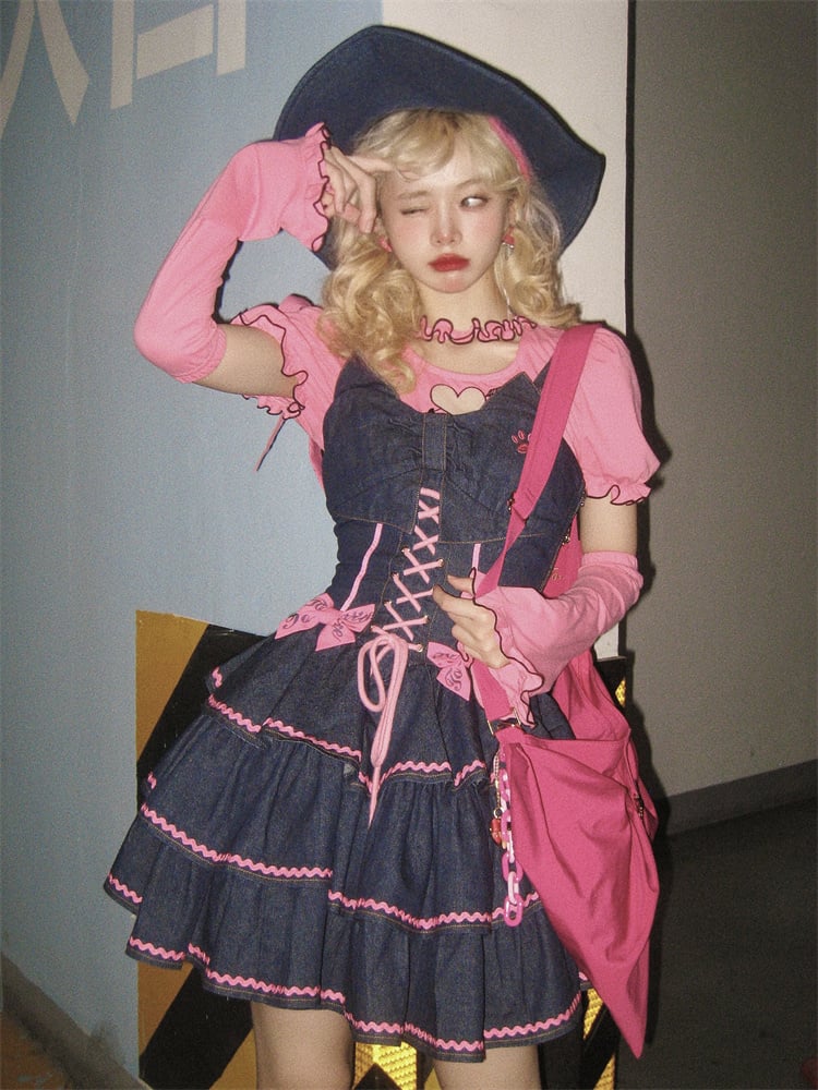 Navy Blue Lace-up Detail Sweet Bow Accents Tiered Skirt Denim Slip Dress