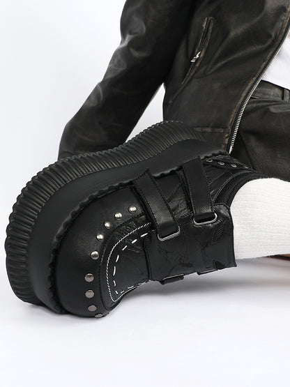 Black Velcro Strap with Design Details Studded Platform Closures - Shoes Punk
