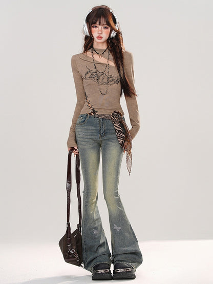 Jeans Strass Schmetterlinge Waschung Verziert Blau Verblasst Fischschwanz Denim