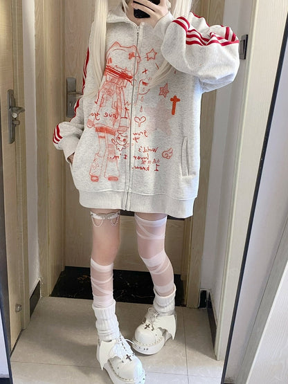 Red Anime Print Zip Closure Jacket - Corner cat