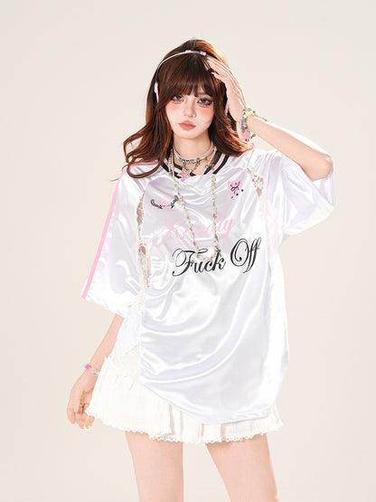 VネックTシャツ コントラストレースパッチ ブロケット コアピンク