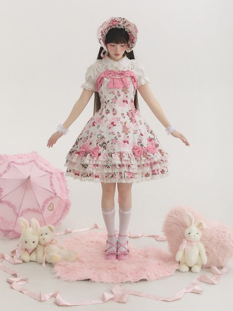 Sweet Teddy White Bear Pink Trim Print Accents Lolita Dress Bow Floral with Lace and