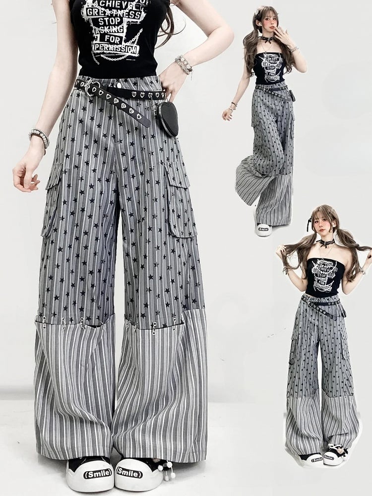 グラマラスカットのワイドレッグビタースイートグレー柄ストライプスターと