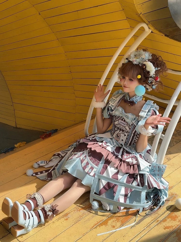 Brown Skirt Sleeves Detachable with Embroidery Dress Circus Lolita Jumper Bunny Blue Sweet Puff and