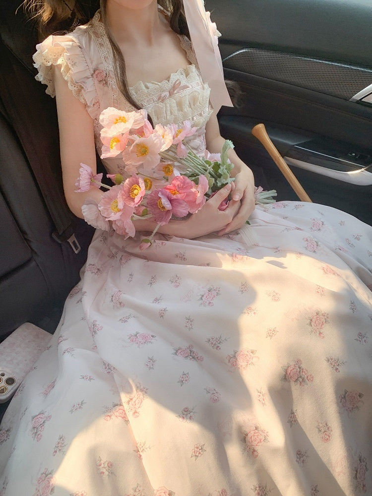 Graceful Pink Floral Lace JSK Dress with Brooch Set