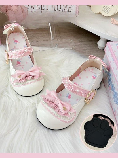 Heel Leather PU Heels - Paw White Low Sweet in Lolita Cat