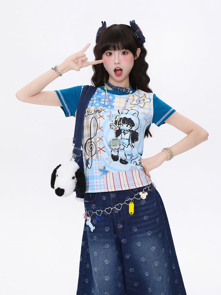 Slim-Fit T-shirt with Pink Cartoon Girl Print Blue/Apricot Plaid Patchwork