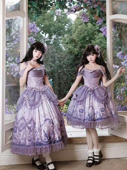 Skirt Elegant Purple and Classic Butterfly Top Waist Corset + Floral Boned Set Lolita Print