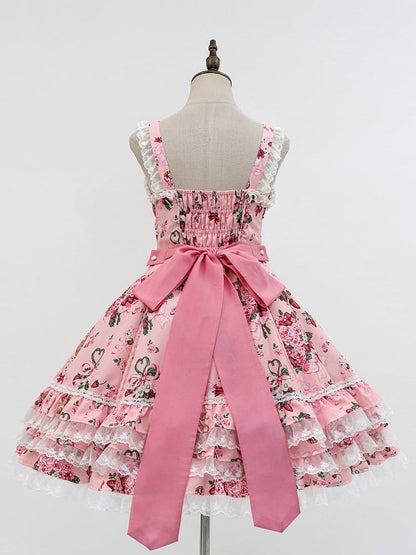Trim Pink Floral Sweet Dress Lace Bow Lolita Accents Bunny and with Print