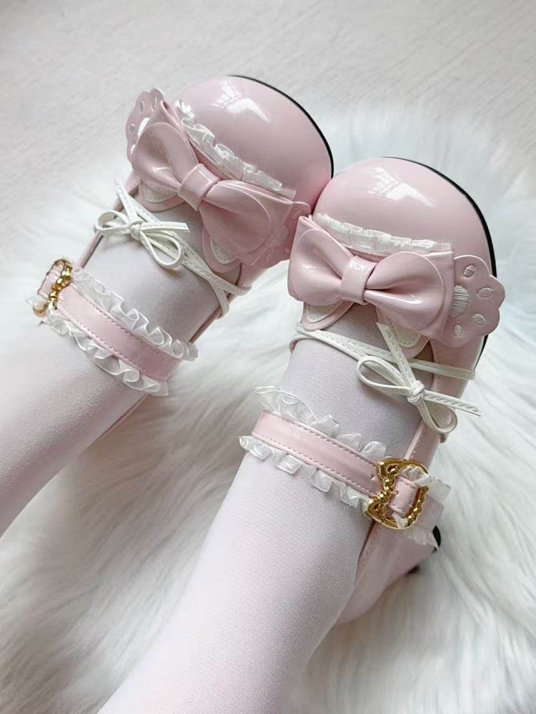 Round-toe Paw Details with Pink Cat Heel Sweet Heels in Cat-themed Lace Bow Lolita Mid