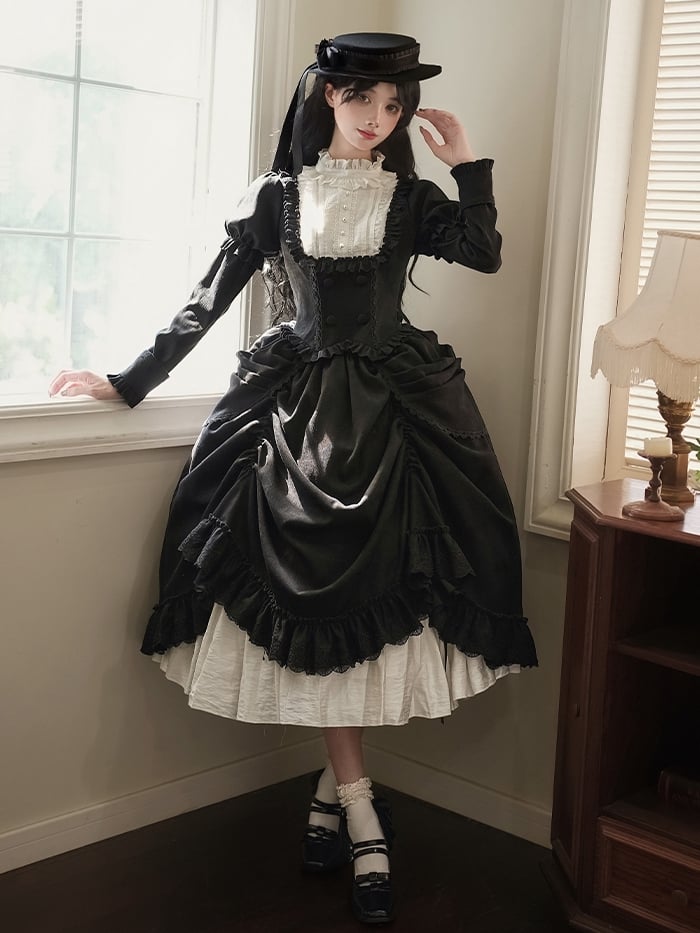 Elegant Skirt and Lolita Double-Layer Drawstring Black White