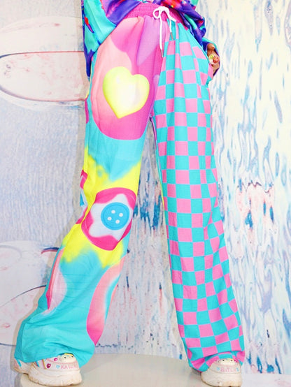 スタープリントハートパンツ カットカラフルパターン チェックとY2K ワイドレッグ