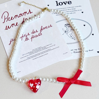 Necklace Bowknot White Pendant Details Beaded 4 Options Cherry/Strawberry/Heart