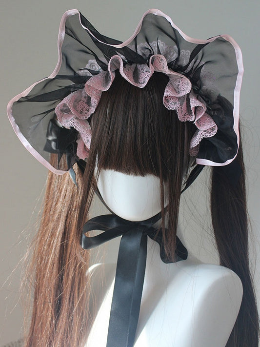 ブラックオーガンザレーストリムボンネット