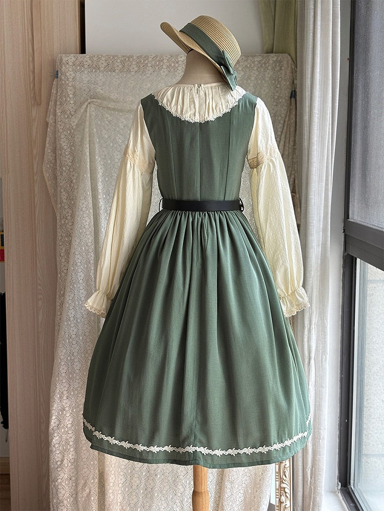 Green & Beige Round Neck Long-sleeved Elegant Classic Lolita Dress with Lace-Up Front
