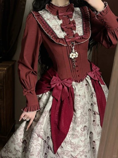 Animals Long-Sleeve Elegant White Print Lolita Forest Piece One Red