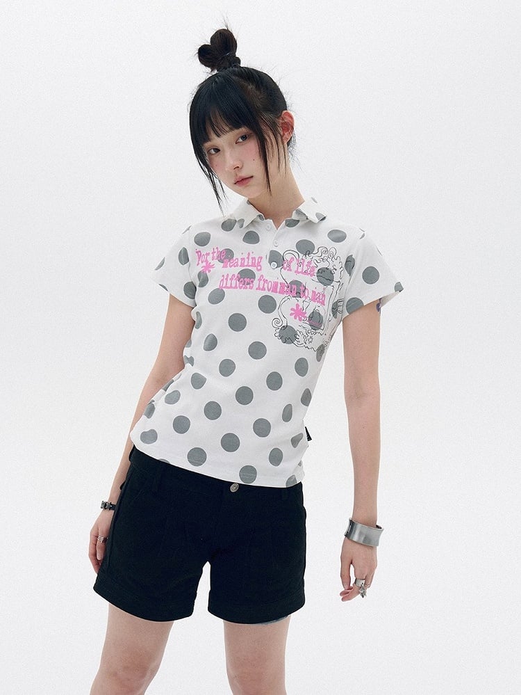 White Gray Polka Dot Polo Shirt with Letter Print - innomoood