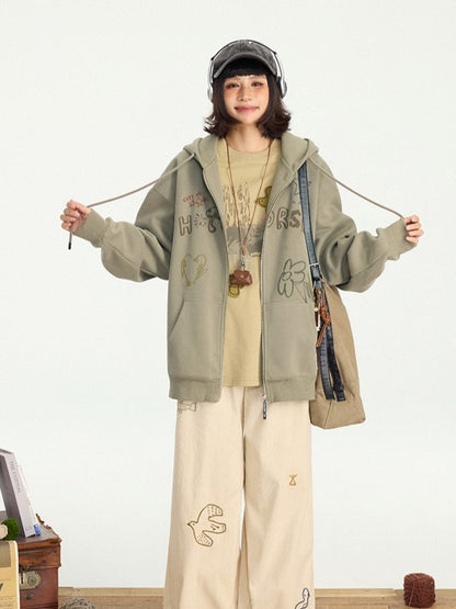 Dusty Hoodie - Two-way Kawaii Zip Placket Letter Hood Drawstring Print Green