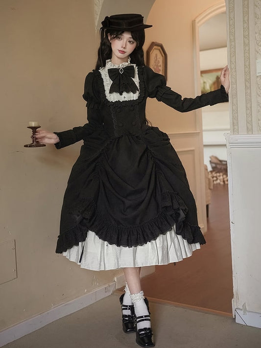 Top Elegant and Classic - Lolita + Set Long Version Juliette Skirt Bowtie White Sleeves Hat Black