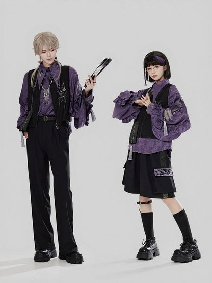 Style Chinese Side Embroidery with Shorts Pockets Black